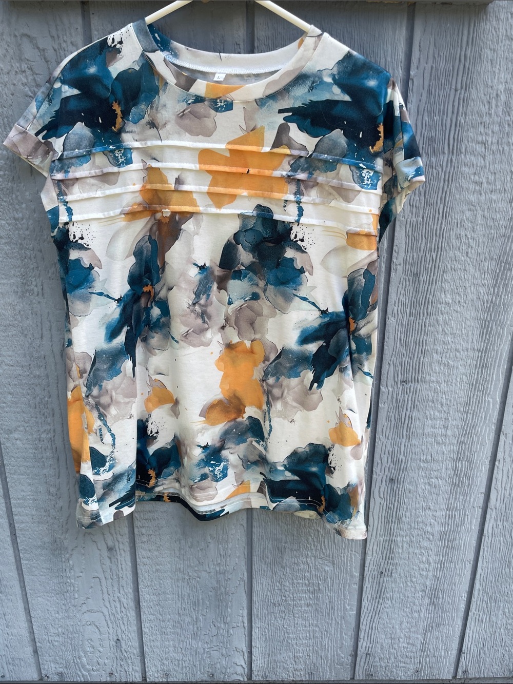 Floral Watercolor Short-Sleeve Top - White with Teal & Mustard